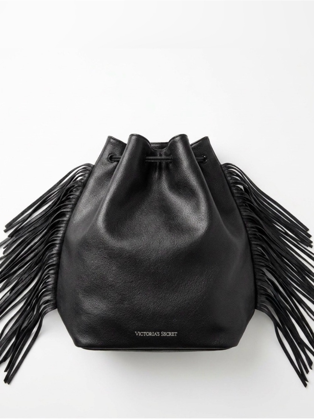 NWT Victoria's Secret Black Leather Fringe Drawstring Bag